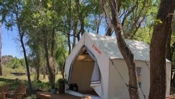 Een tent met een tafel en banken in een bebost gebied.