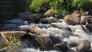 Een rivier met snel stromend water over stenen, omringd door begroeiing.
