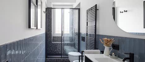 Shower, hair dryer, bidet, towels