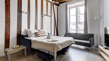 1 chambre, bureau, fer et planche à repasser, lit parapluie
