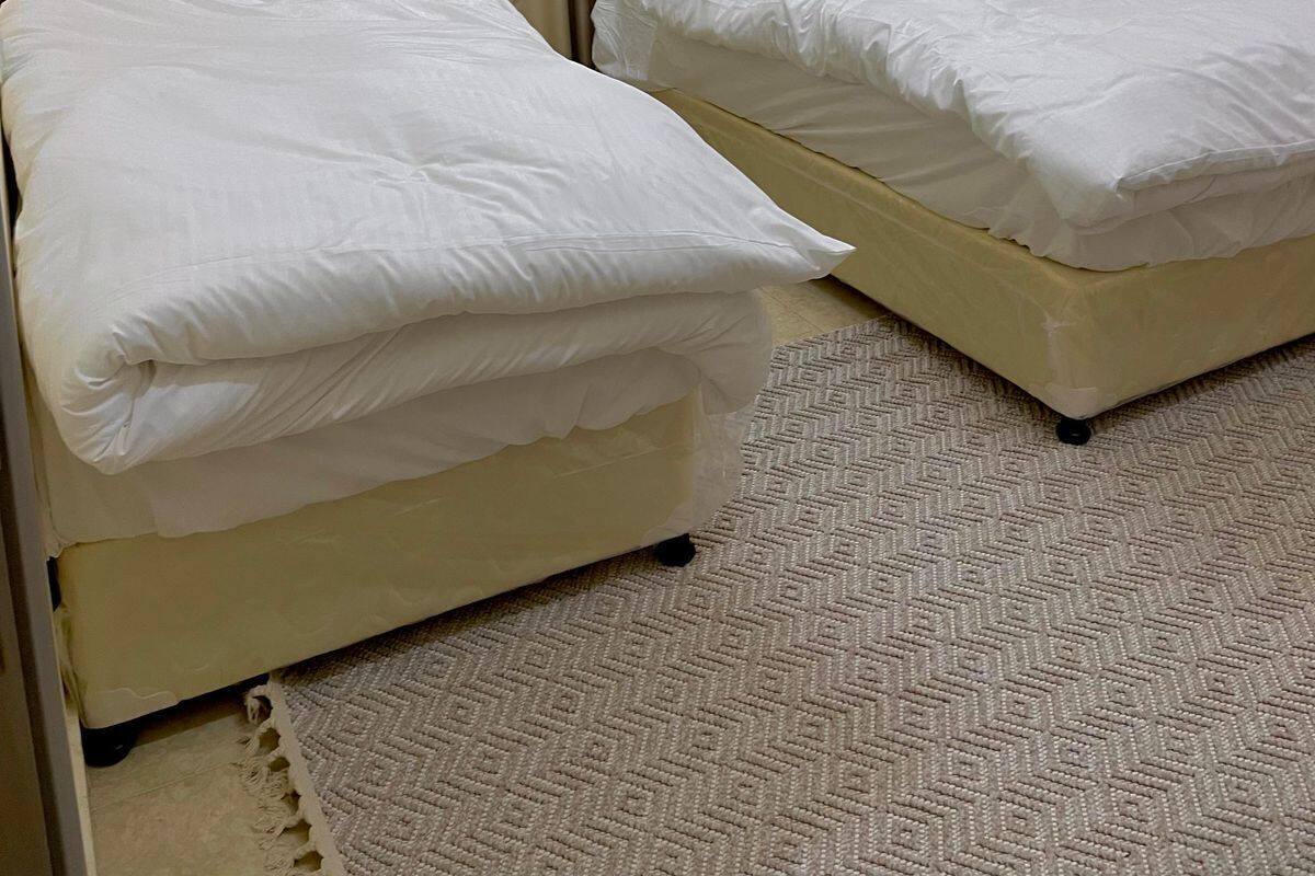 Two single beds with headboards, a beige carpet, and a window with beige curtains.