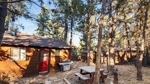 A wooden cabin with a red door, a barbecue grill, and a picnic table in a forested area. - Charming Mountain Getaway (Sugarloaf)