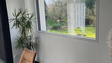 A modern room with a large window, a dining table, a chair, and a potted plant.