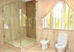 A bathroom with a glass-enclosed shower, a bidet, and a toilet. - Chexfield Suites and Apartments (Abuja)