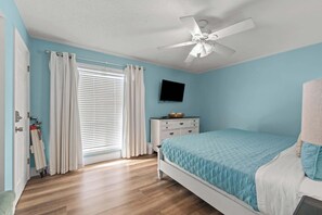 2 bedrooms, desk, iron/ironing board, travel crib