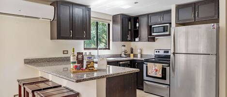 Fridge, microwave, oven, stovetop