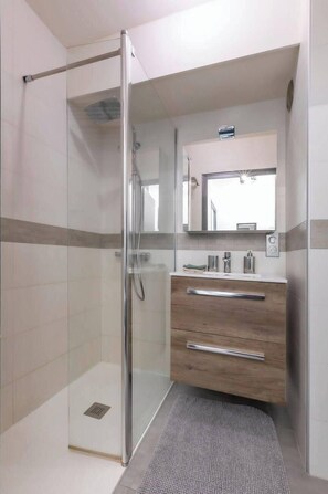Shower, hair dryer, towels