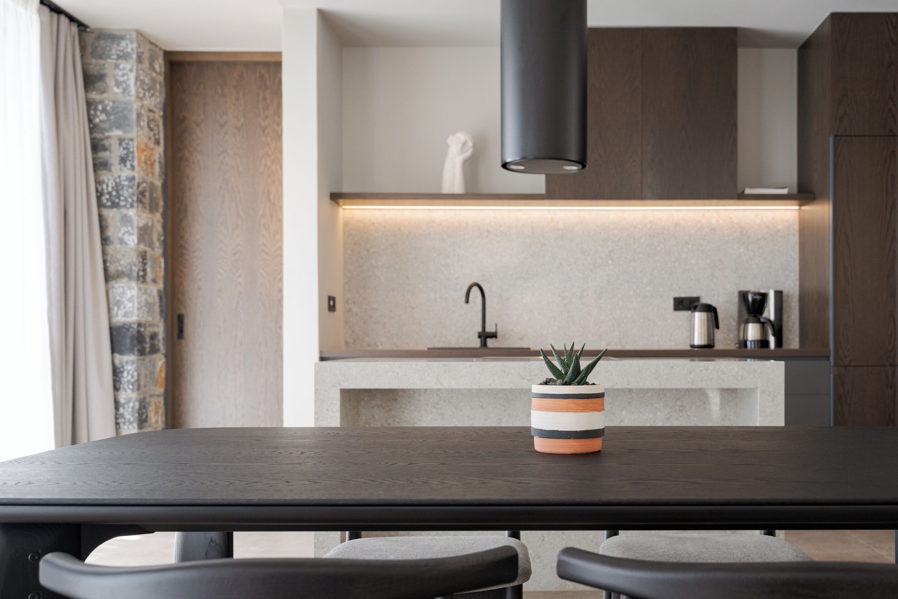 Une cuisine moderne avec un plan de travail foncé, une plante en pot et une machine à café.