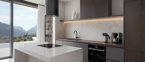 A modern kitchen with a central island, built-in appliances, and a view of the outdoors.