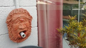 A terracotta lion head sculpture mounted on a white textured wall. - Family Heirloom Furniture | A/C | Garden | Workspace | in Sâo Lourenço park. (São Lourenço Curitiba)