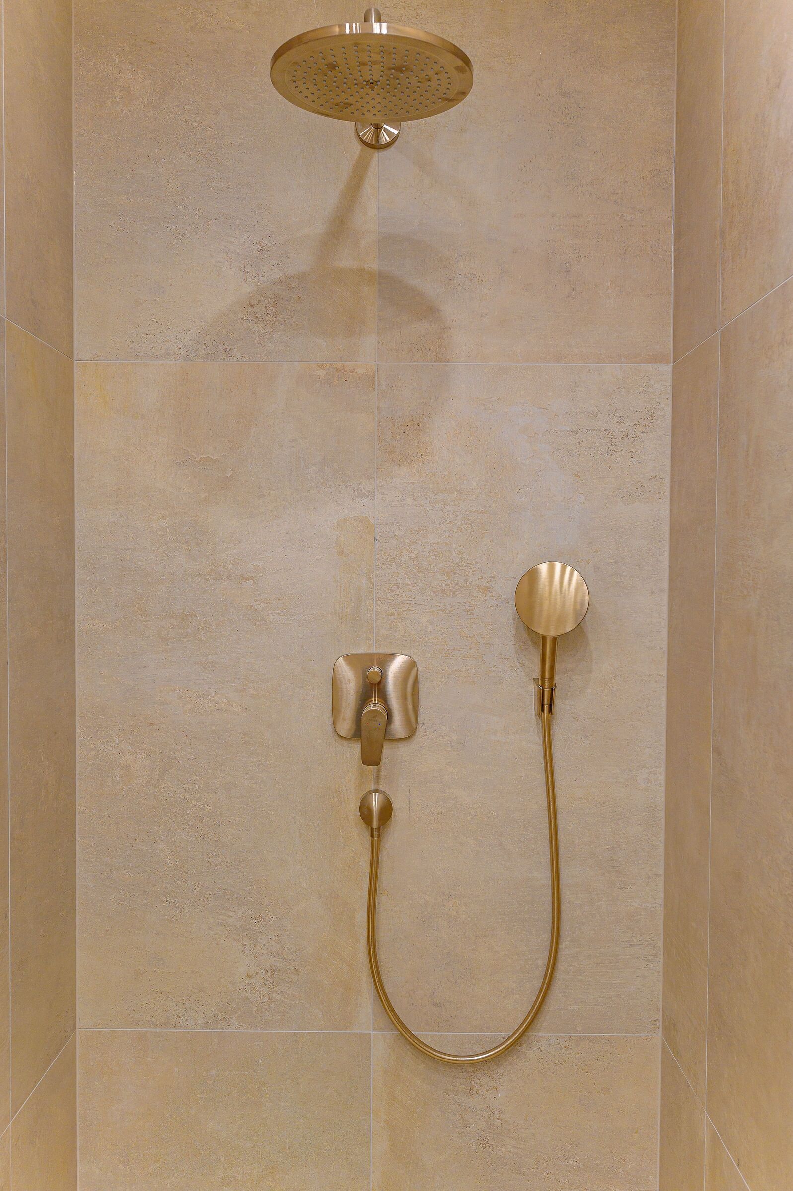 A shower with a handheld showerhead and a wall-mounted control.