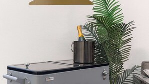 Quarto com minibar, um adesivo decorativo de palmeiras na parede, uma planta em vaso e uma cesta de vime.