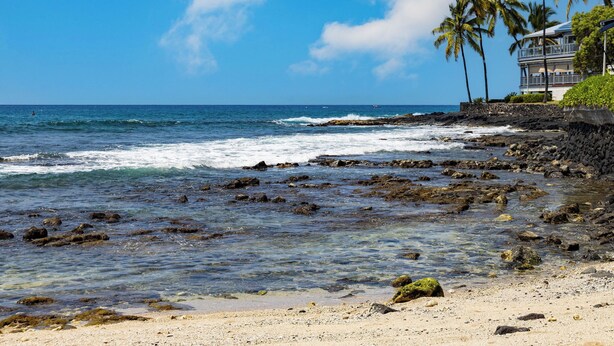 A beach with clear water, rocky shore, and palm trees.