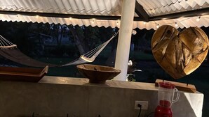 An outdoor kitchen area with a gas stove, a blender, and a hammock. - Kooteja Aurora Coronado Nature with Private Pool (Las Lajas)