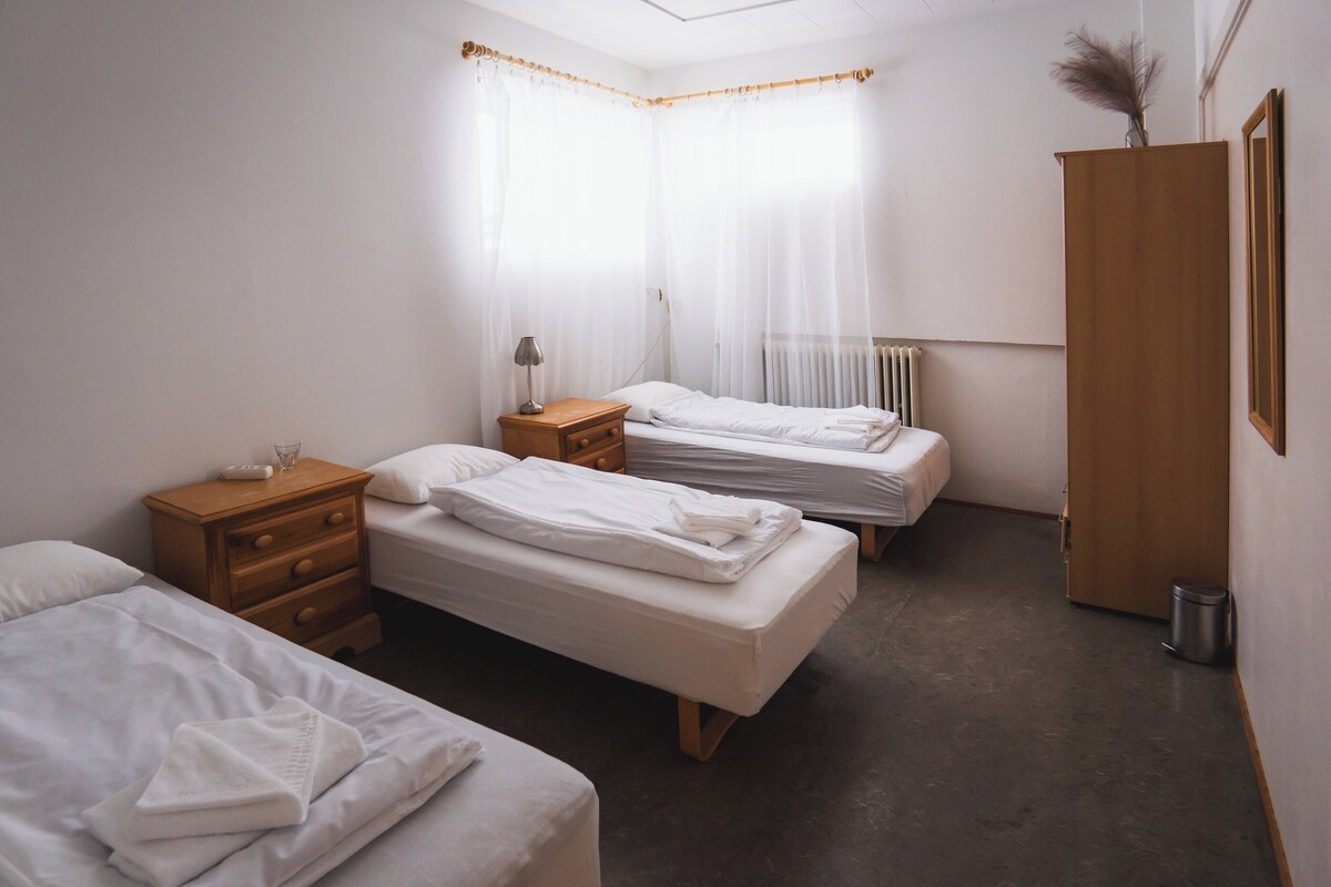 A hotel room with two single beds, a wooden nightstand with a lamp, a radiator, and a wardrobe.