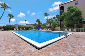 A rectangular swimming pool with a tiled deck, surrounded by palm trees and lounge chairs.