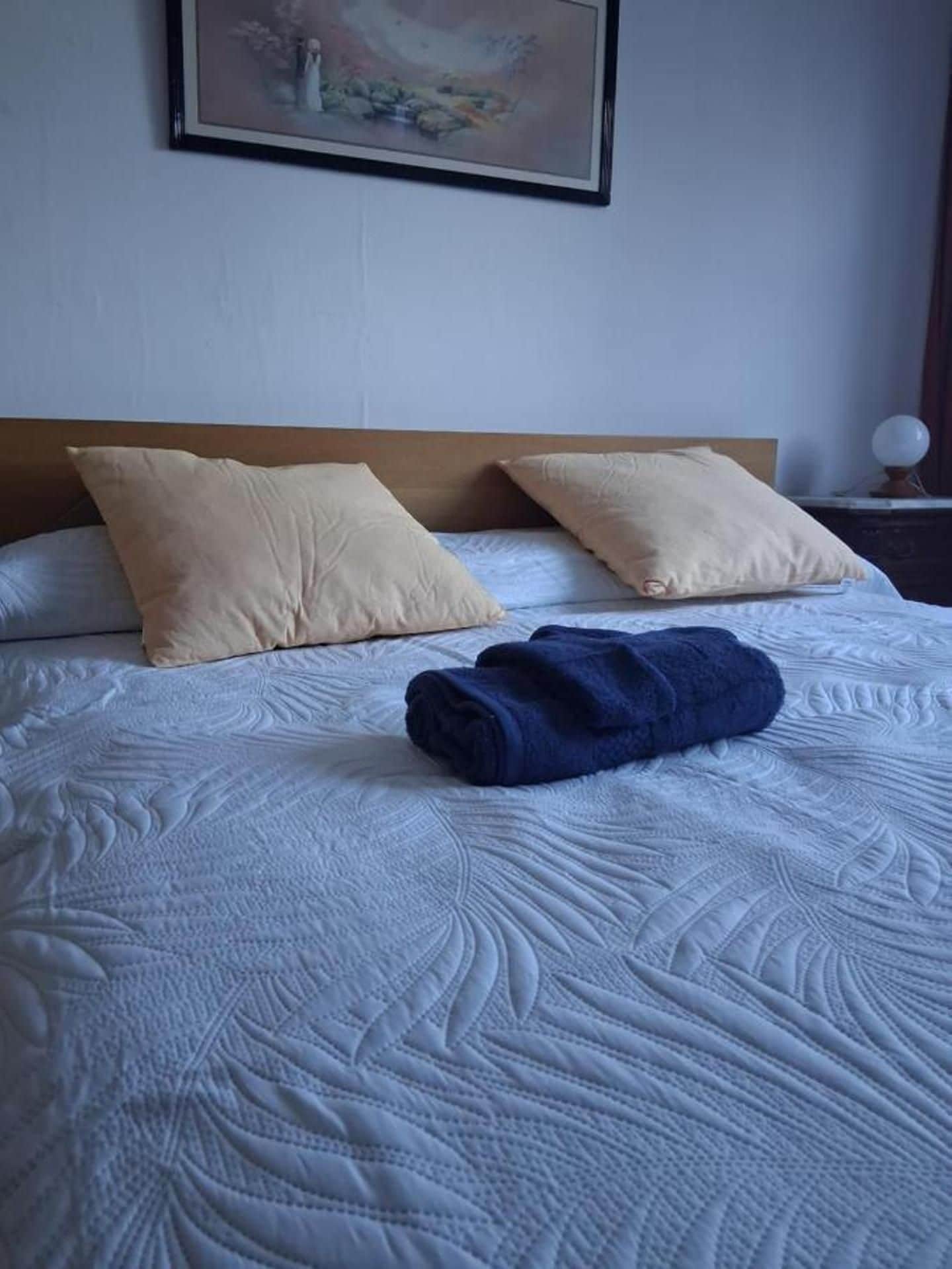Una cama bien hecha con una colcha estampada y dos almohadas, una toalla doblada y un cuadro en la pared.