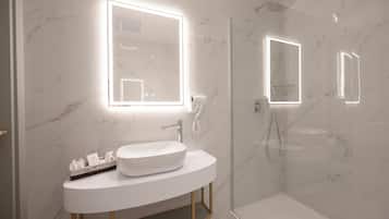 Shower, hair dryer, slippers, towels