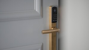 Una puerta con un moderno teclado electrónico de seguridad y un picaporte de latón.