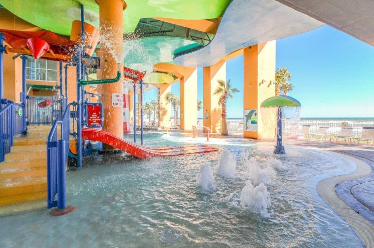 A water feature with a pool, steps, and palm trees.