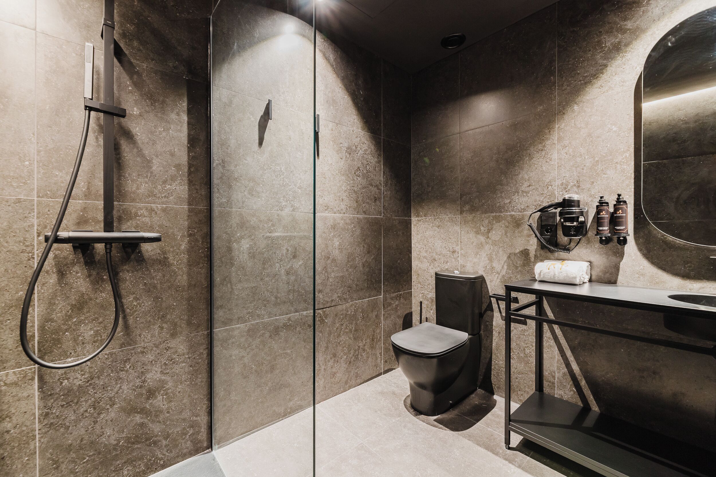 Une salle de bain moderne comprenant une douche, des toilettes et un espace lavabo.