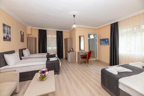 Habitación cuádruple estándar | Minibar, caja de seguridad en la habitación y cortinas blackout