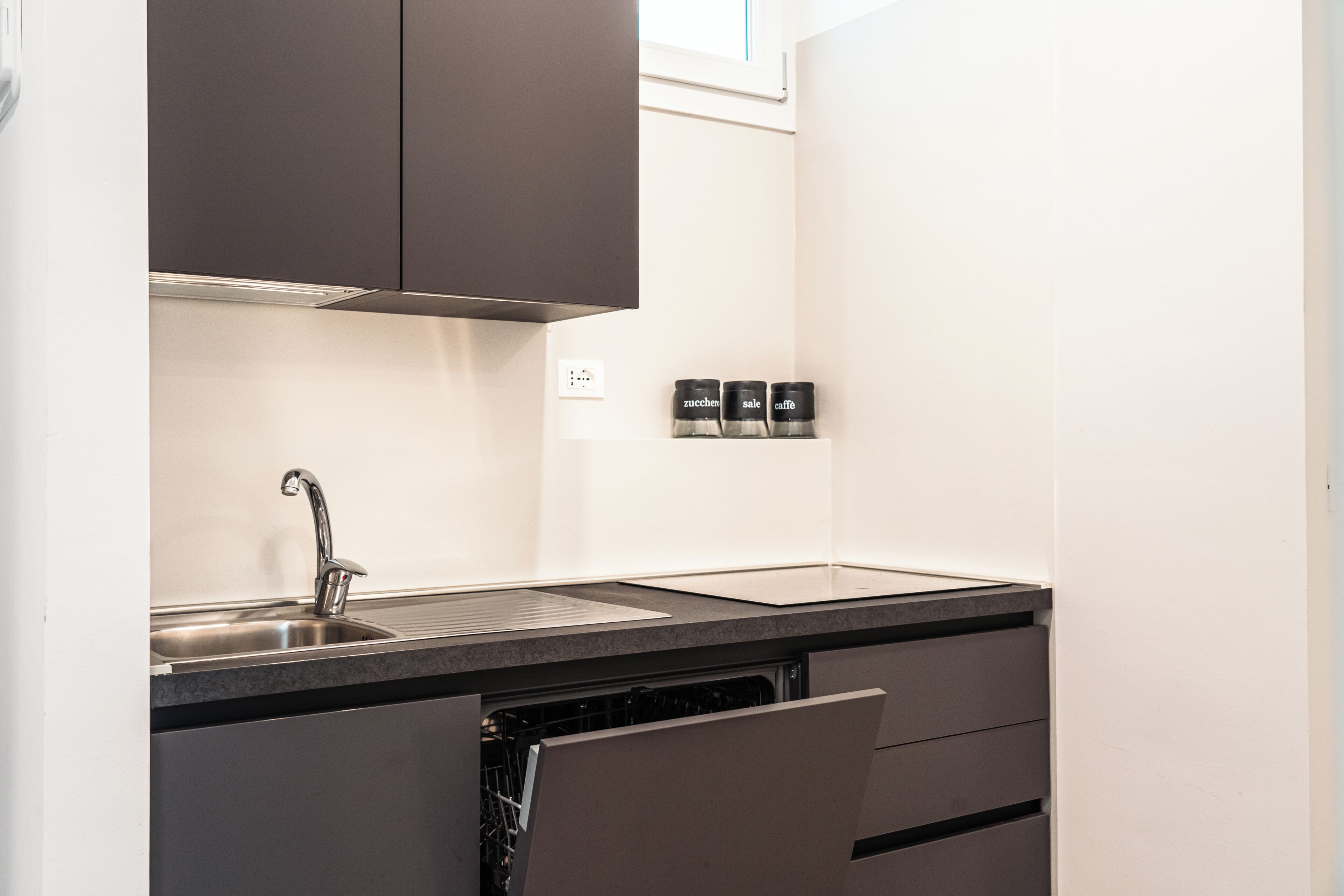 A modern kitchen with a stainless steel sink, dark cabinetry, and a built-in dishwasher.