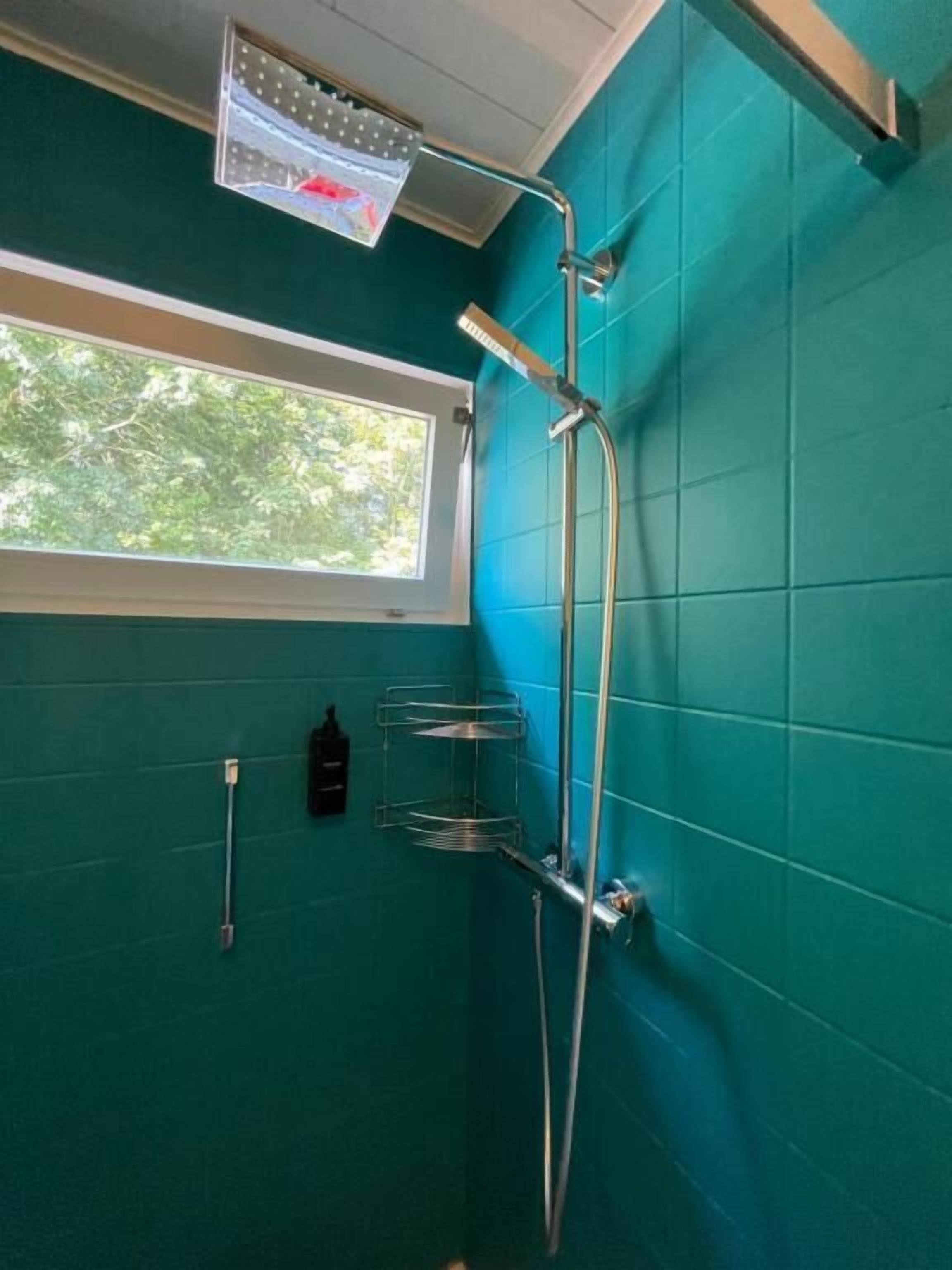 A bathroom with teal walls, a shower with a handheld showerhead, a window, and a towel rack.