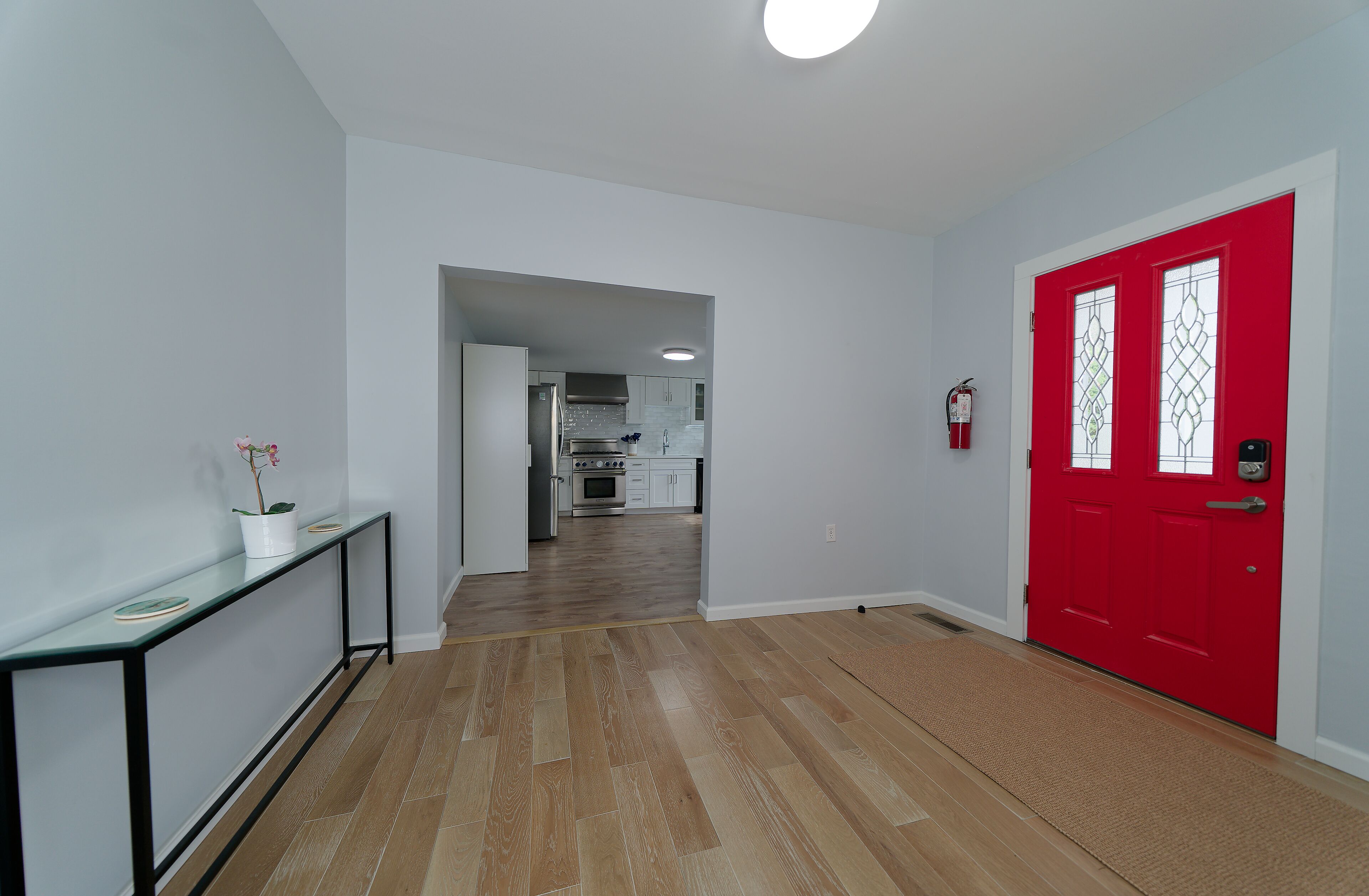 Un pasillo con una puerta roja, un aparador blanco con una planta en maceta y vistas hacia una cocina.