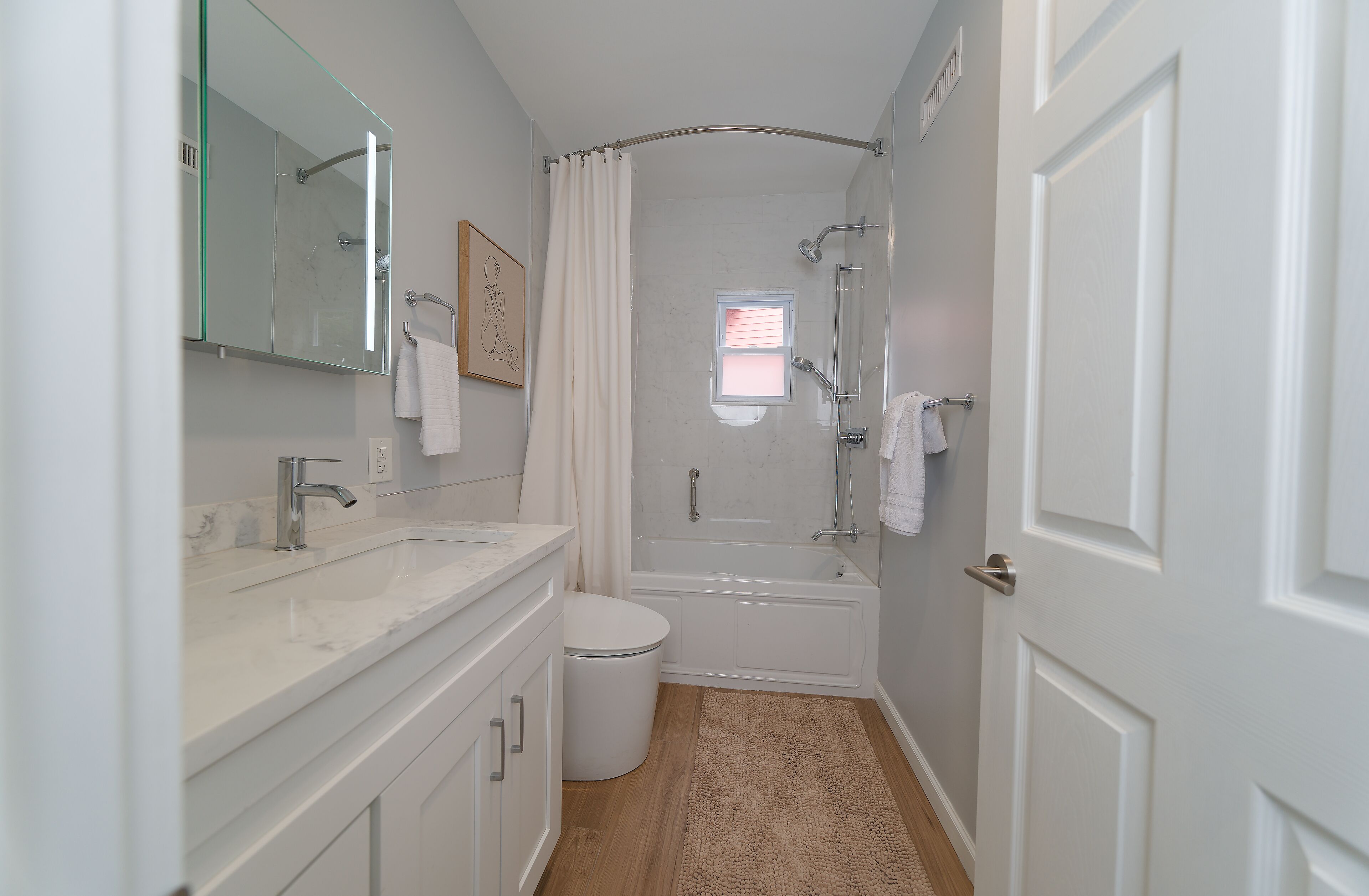 Hair dryer, towels, soap, shampoo