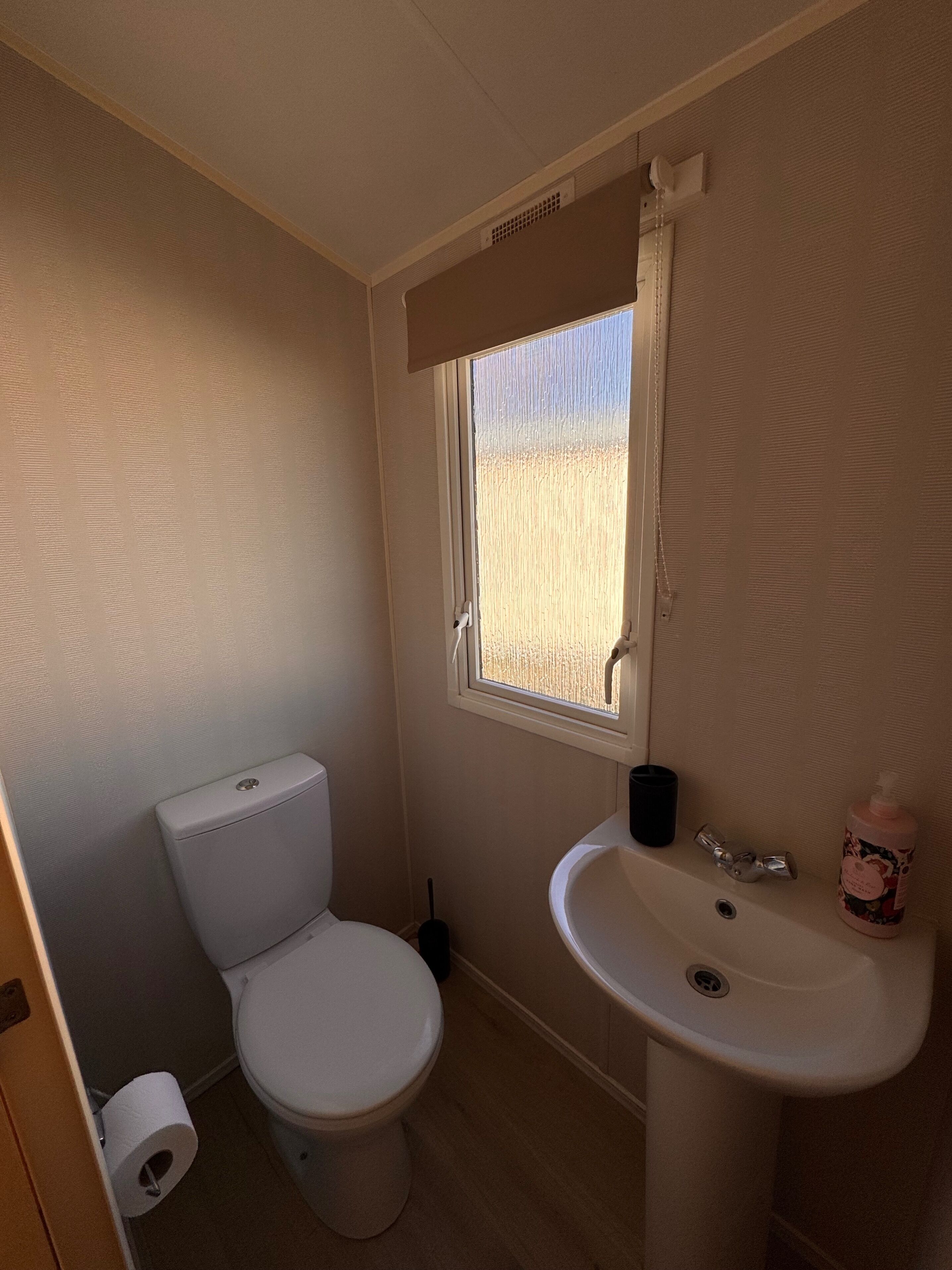 A small bathroom with a toilet, sink, and window.