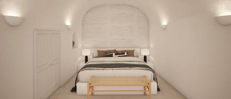 A bedroom with a bed, bedside lamps, a bench, and a door.