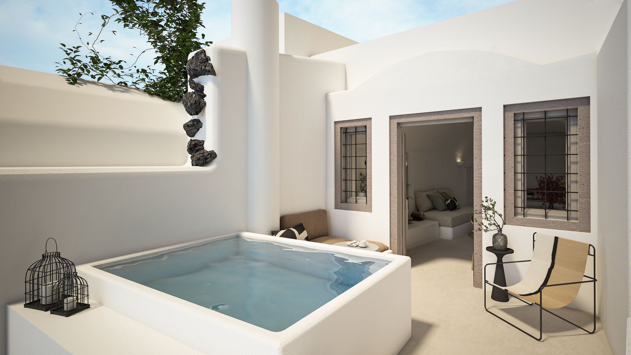 A modern spa area with a hot tub, seating, and a view of the outdoors.