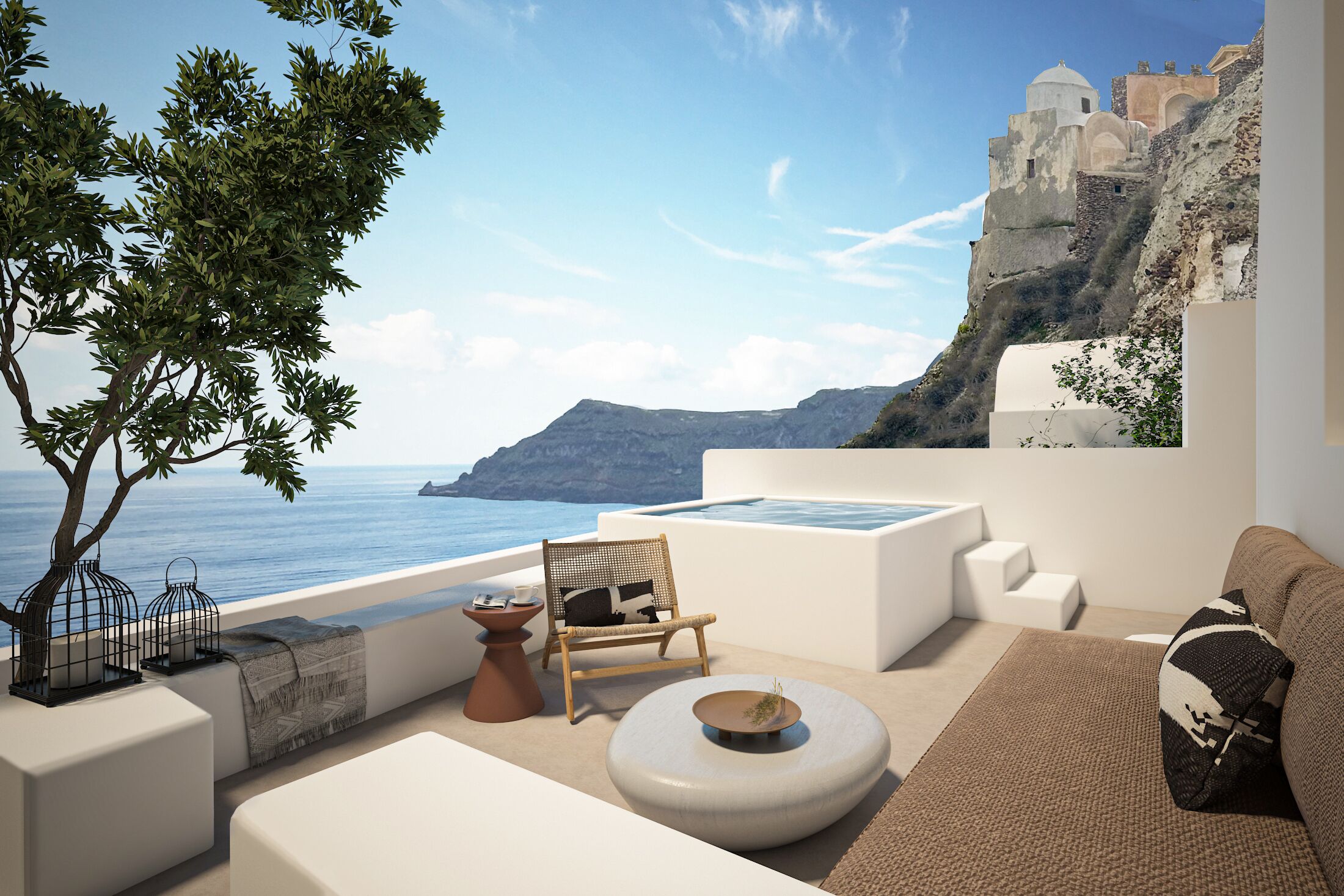 Suite supérieure, baignoire à jets, vue sur la mer | Terrasse/patio