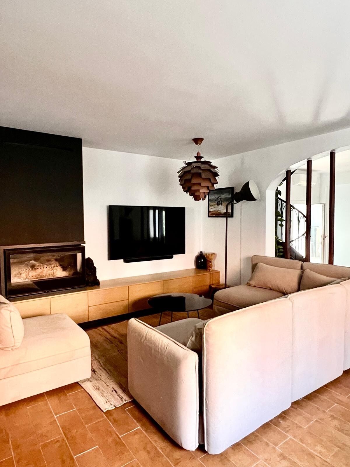 Smart TV, fireplace, books