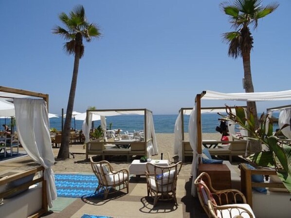 A beachside lounge with outdoor seating, palm trees, and a view of the sea.