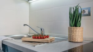 A kitchen with a stainless steel sink, a wooden cutting board with tomatoes, and a potted plant. - Domus 2 in Como by Rent All Como (Como)