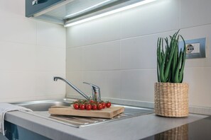 Kühlschrank, Ofen, Herdplatte, Wasserkocher mit Kaffee-/Teezubehör