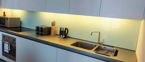 Fridge, microwave, oven, electric kettle