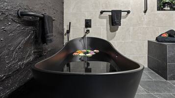 Shower, hair dryer, towels, toilet paper