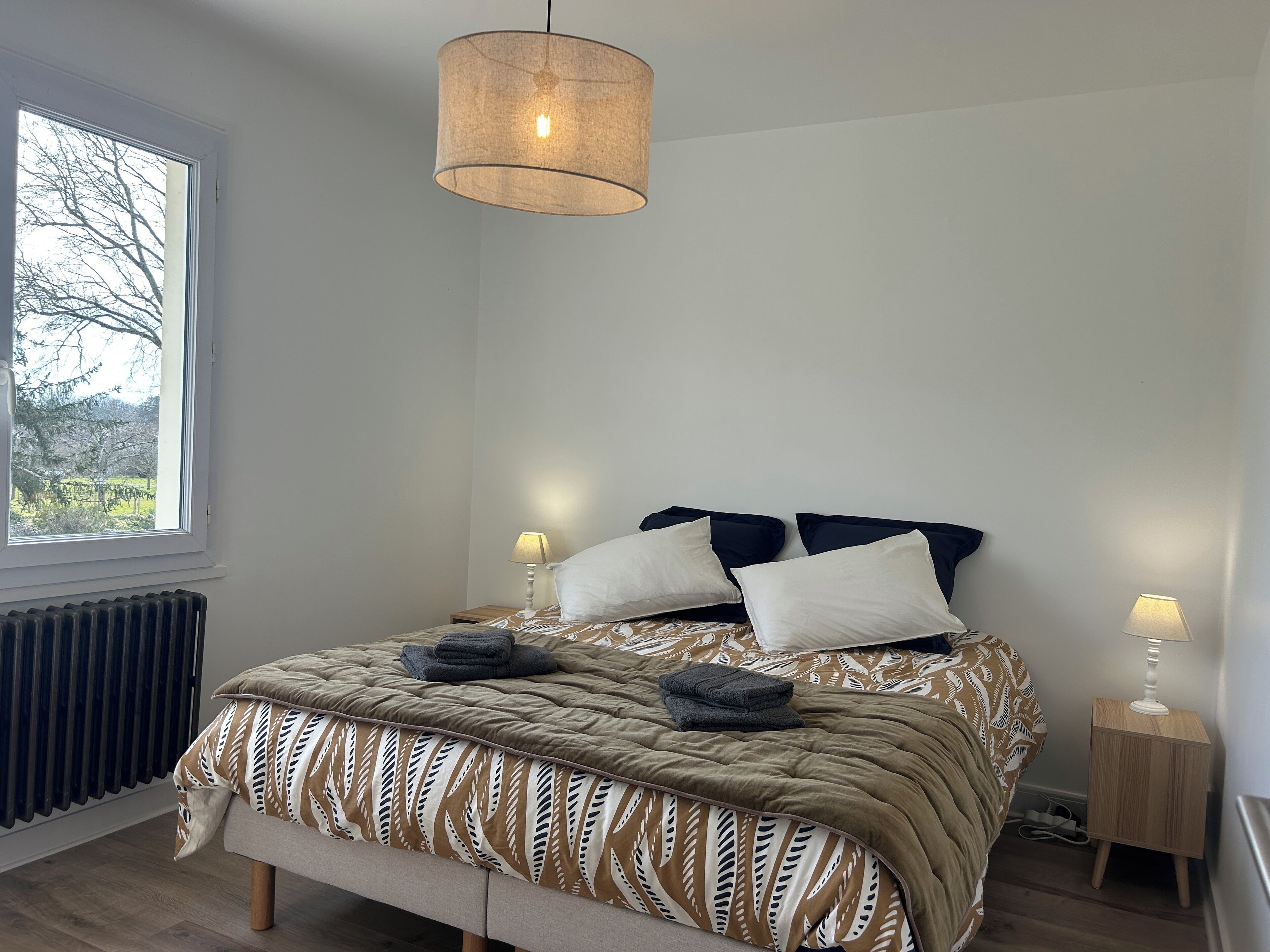 A bedroom with a bed, a window, a radiator, a bedside table, and a hanging light fixture.
