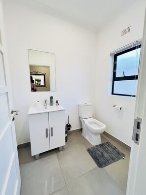 Secadora de cabello, toallas, jabón, papel de baño 