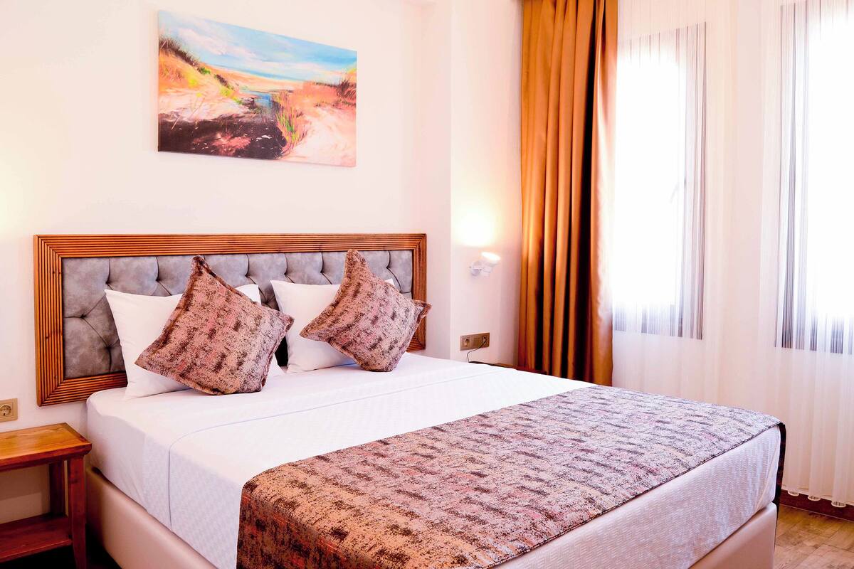 Una cama bien hecha con una colcha estampada y dos almohadas decorativas, un cuadro en la pared y una ventana con cortinas.