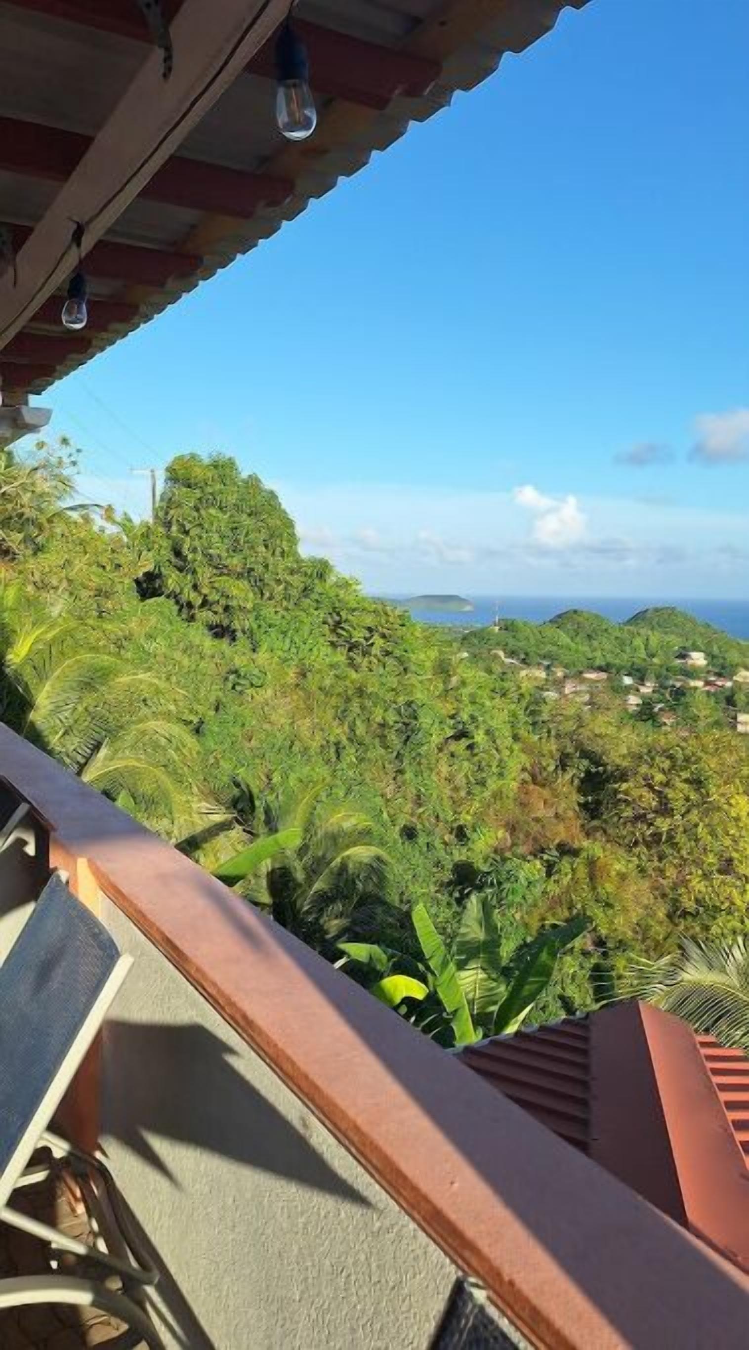 Ein Balkon mit Blick auf eine üppige, grüne Landschaft und den Ozean.