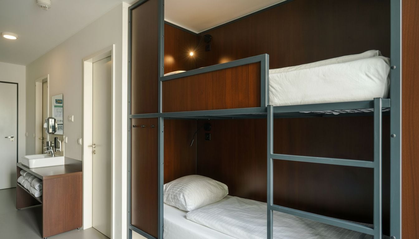 Una cama individual con estructura de madera y ropa de cama blanca, un baño con lavabo y perchero, y una puerta que da a otra habitación.