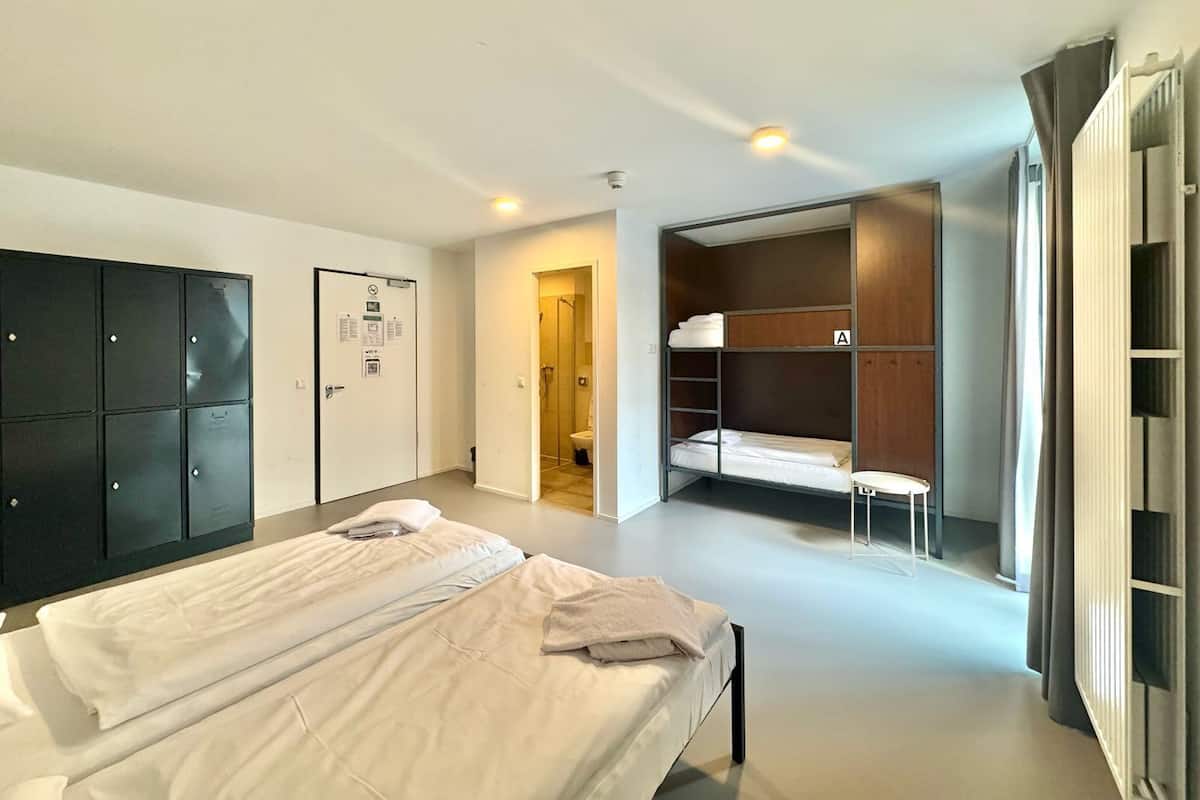 A modern hotel room with a large bed, a wardrobe, a built-in closet, and a shower area.