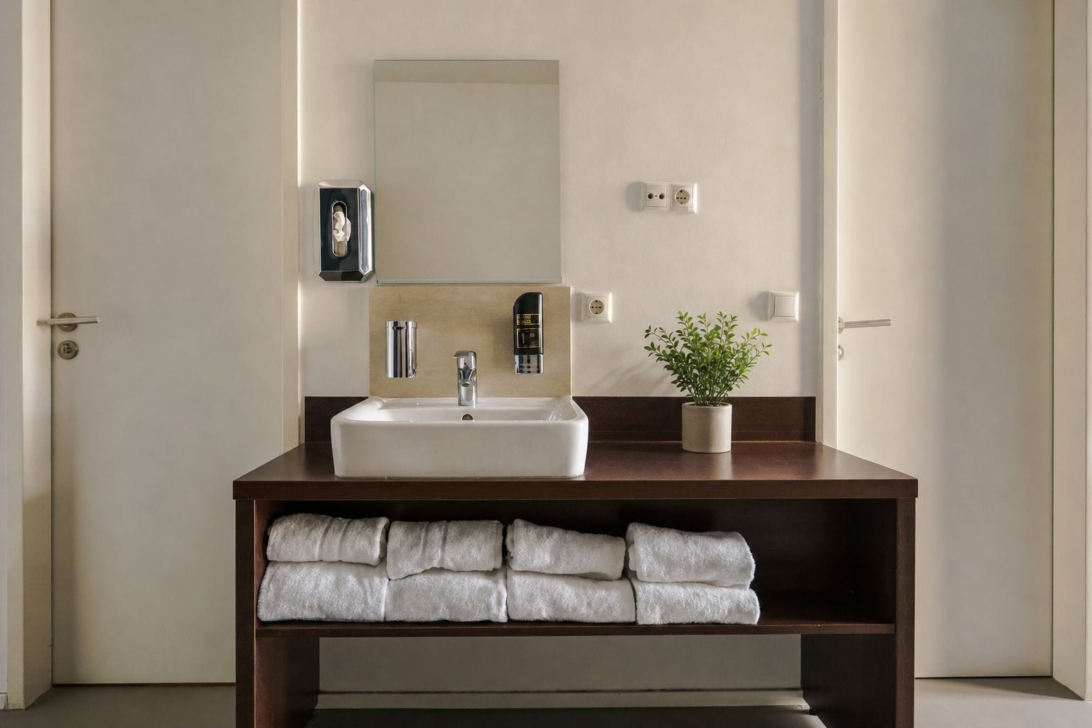 A bathroom with a white sink, a mirror, a towel rack, and a potted plant.
