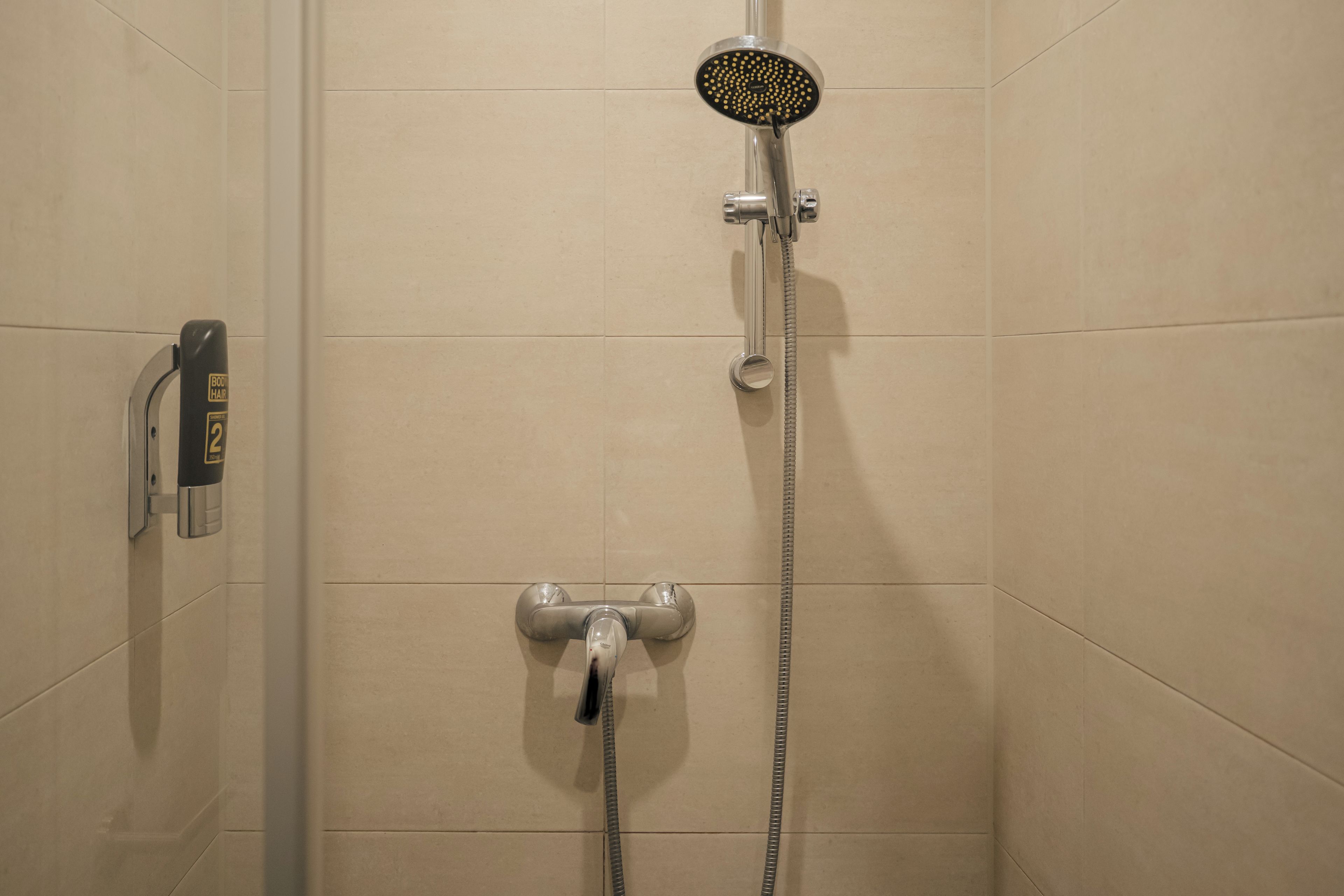 A shower area with a handheld showerhead, a wall-mounted showerhead, and a handheld faucet.