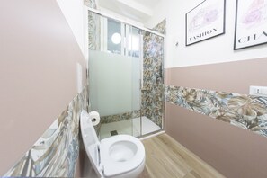 Shower, hair dryer, bidet, towels