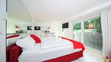 Appartement Confort, cuisine, vue jardin | Literie de qualité supérieure, coffres-forts dans les chambres